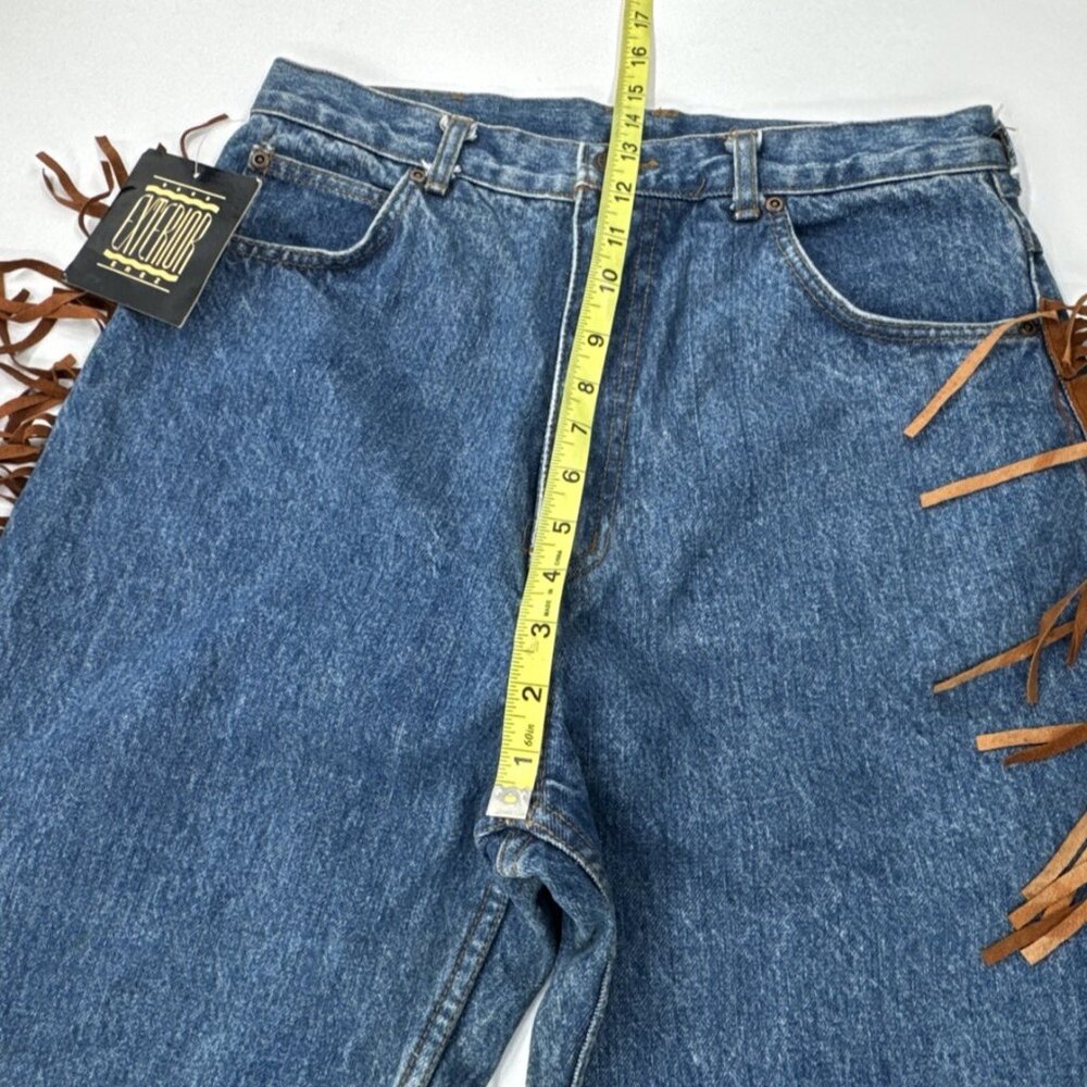 Vintage Leather Fringe Trim Jeans Mens 32x30 Blue Denim Tapered High Waist NWT - Picture 9 of 9